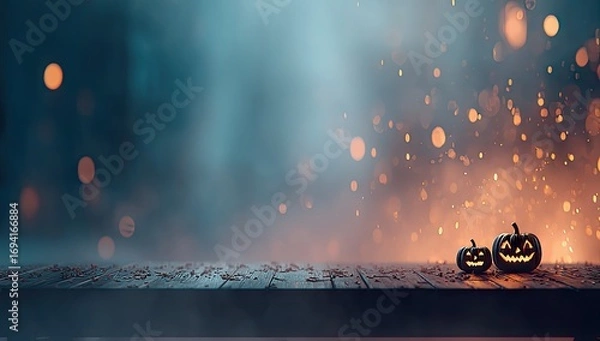 Obraz Two illuminated jack-o'-lanterns rest on a rustic wooden surface, bathed in a soft, ethereal light against a backdrop of bokeh and warm, glowing particles, creating a spooky yet inviting Halloween...