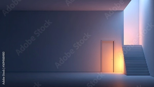 Obraz A minimalist, empty room with a door and stairs bathed in warm light, showcasing a serene and tranquil atmosphere.