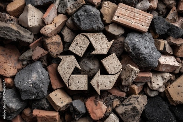 Fototapeta Recycling symbol made of concrete surrounded by various construction debris and rubble in a natural setting