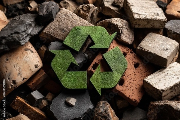 Fototapeta Recycled materials with green symbol representing environmental awareness and sustainability in construction settings
