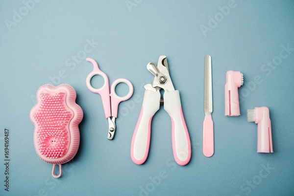 Fototapeta Grooming tools set for pets with brush, nail clippers, file, and toothbrushes on blue background.