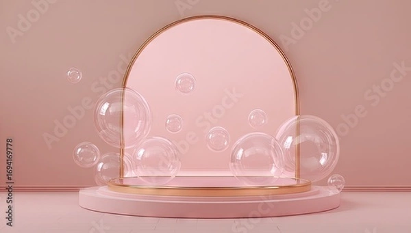Obraz A minimalist display podium with transparent bubbles, set against a soft pink background, showcases a gentle and airy aesthetic.