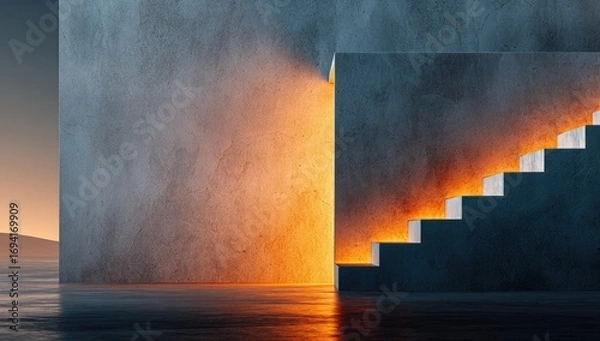 Obraz Illuminated concrete steps ascend against a textured wall, bathed in warm, inviting light.