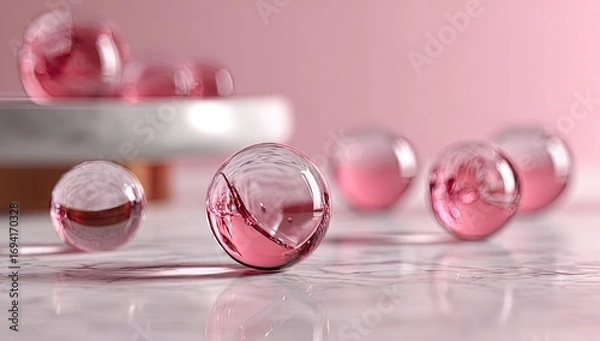 Obraz Delicate pink spheres with liquid interiors, suspended gracefully over a polished white marble surface.