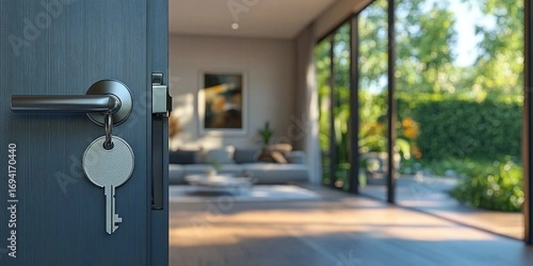 Fototapeta Open door with keys reveals a modern living room with large windows overlooking a lush green garden