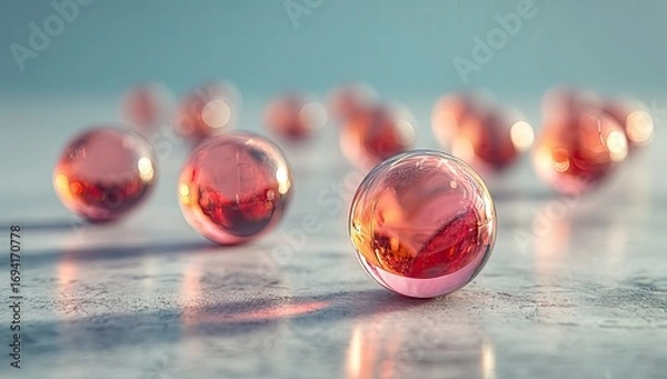 Obraz Close-up view of several translucent, rose-colored spheres resting on a light-gray surface, showcasing subtle reflections and a shallow depth of field.
