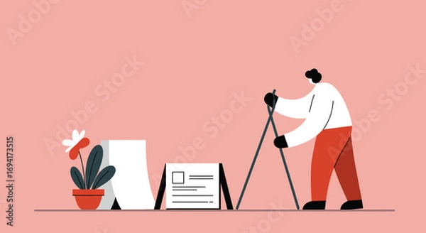Fototapeta Illustration of a person with walking poles next to a calendar and plant, symbolizing active planning, personal growth, or a healthy work-life balance.