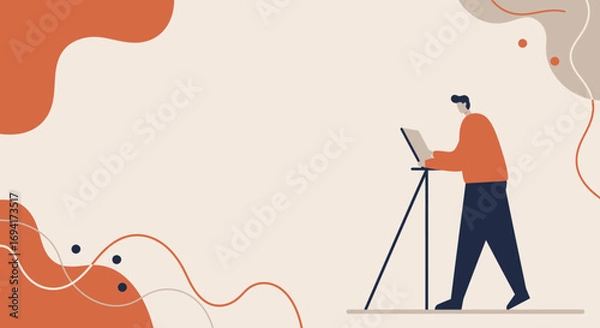 Fototapeta Focused man working on laptop mounted on a stand, ideal for remote work, creative professionals, or digital nomad lifestyle concepts. Modern illustration for technology and business.