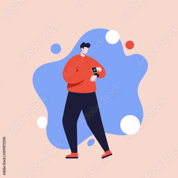 Fototapeta A modern man checking his smartwatch, symbolizing time management, technology, and a connected lifestyle. Ideal for themes of productivity, punctuality, or digital communication.