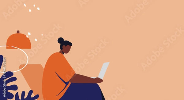 Fototapeta A person working remotely on a laptop in a cozy, minimalist setting. Ideal for concepts of productivity, freelance work, or digital lifestyle.