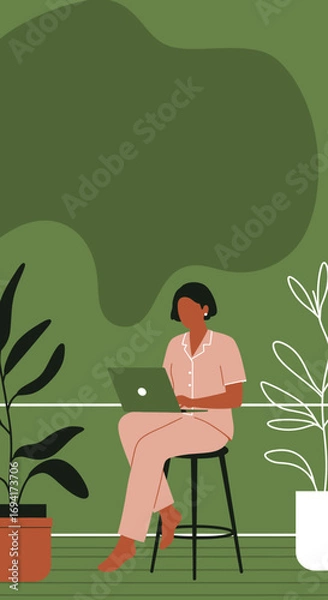 Fototapeta A person in comfortable pajamas works diligently on a laptop from a serene home office with green decor and plants, symbolizing remote work, comfort, and productivity.