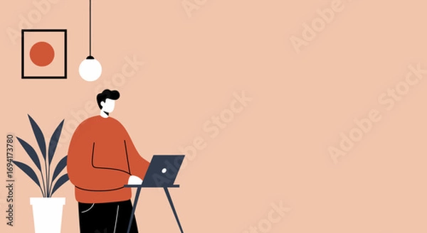Fototapeta Person working on laptop at a standing desk in a modern, minimalist home office. Ideal for concepts of remote work, productivity, and contemporary lifestyle.