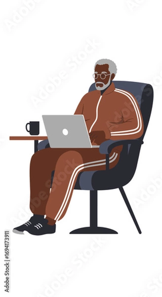 Fototapeta Senior Black man in a tracksuit sits comfortably, working on a laptop with a hot drink. Represents active retirement, remote work, digital literacy, and modern lifestyle.