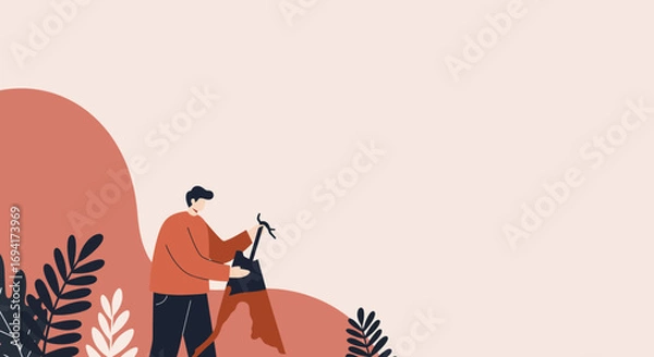 Fototapeta Man gardening or planting in a stylized natural setting with warm colors and ample copy space, representing growth, care, and a peaceful hobby.