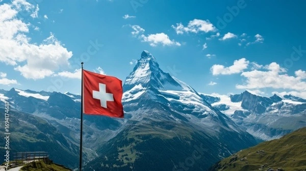 Fototapeta Breathtaking View of Matterhorn Peak with Swiss National Flag in Stunning Alpine Landscape