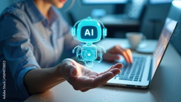Fototapeta Exploring ai technology concept woman using laptop with ai robot hologram display