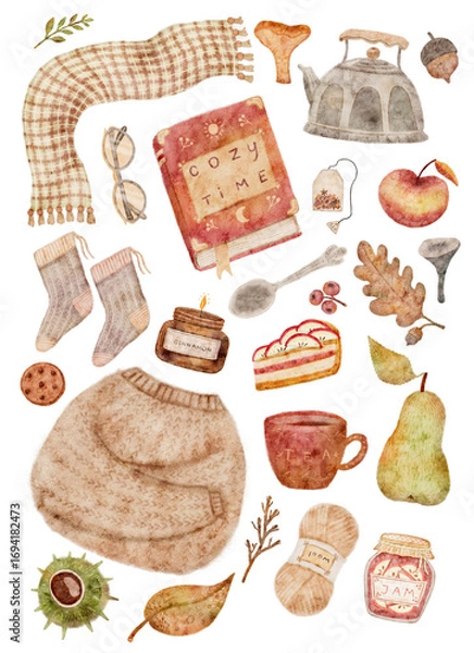 Fototapeta A charming digital watercolor collage featuring a collection of cozy autumn items, ideal for creating greetings cards, posters, and other seasonal projects.