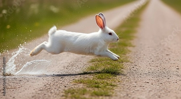 Obraz White rabbit hopping across country road