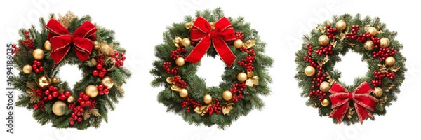 Fototapeta Three festive Christmas wreaths with red bows and gold ornaments isolated on a transparent background