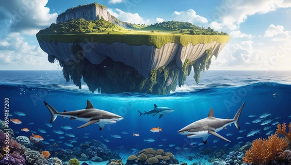 Fototapeta World Animal Day, Surreal fantasy illustration of a floating island in the middle of the ocean, with lush green landscape and cliffs above water, and an underwater world.