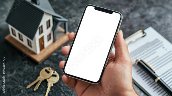 Fototapeta Housing insurance. Rent, sale and purchase of a country house. Mobile app advertising. A mockup of the phone in the male hand of a real estate agent. There is a miniature house on the table