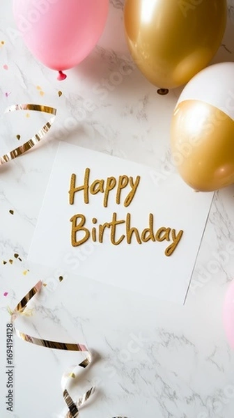 Fototapeta clean, minimalist birthday background in soft pink and white tones, with pastel balloons and streamers creating festive look, "Happy Birthday" text in elegant gold script , empty space