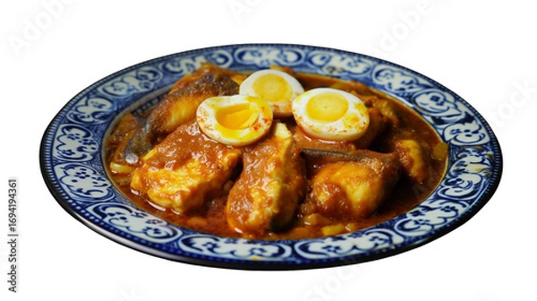 Obraz Close up of fish and egg curry dish on a decorative plate against a black background in studio lighting