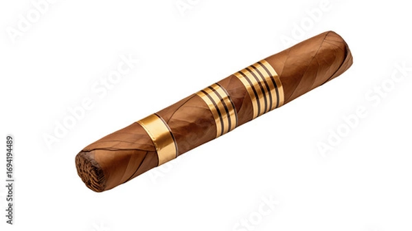 Obraz A close up shot of a brown cigar with gold bands on a black background in a studio setting style shot