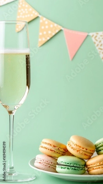 Fototapeta plate of colorful macarons, champagne flute, and mini birthday banner hanging subtly above on pale mint-green background with copy space for text