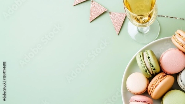 Fototapeta plate of colorful macarons, champagne flute, and mini birthday banner hanging subtly above on pale mint-green background with copy space for text