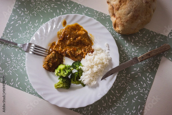 Obraz Rice, meat and broccoli in a plate