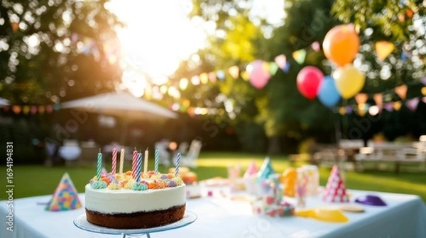 Fototapeta Vibrant Birthday Party Setup with Colorful Balloons, Streamers, and Snack Table Space for Text