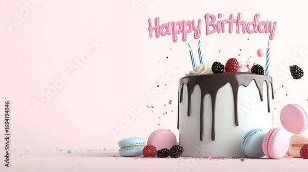 Fototapeta Birthday Cake with Sparkling Candles, Colorful Macarons and Cupcakes, Happy Birthday Text on Pastel Pink Background with Copy Space