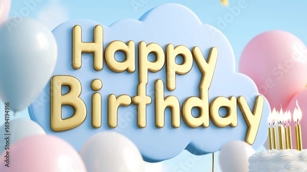 Fototapeta Happy Birthday text with colorful balloons on blue festive background with copy space