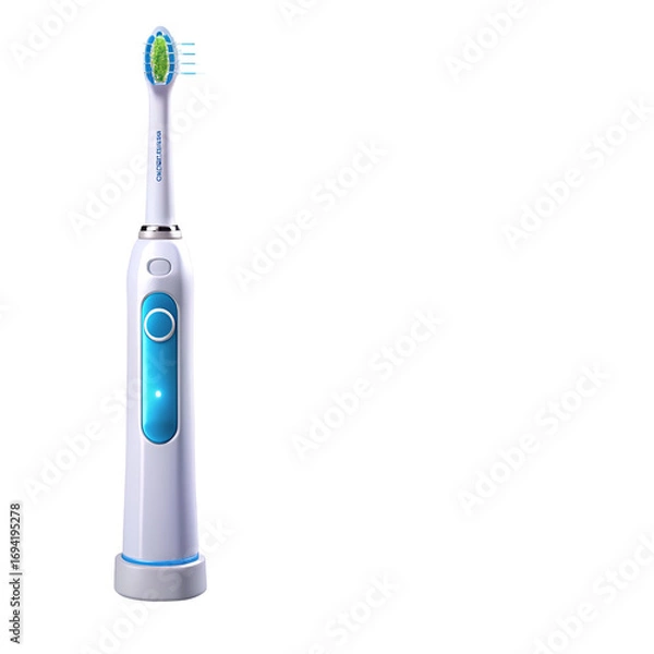 Fototapeta A white and blue electric toothbrush with a green brush head, isolated on a transparent background