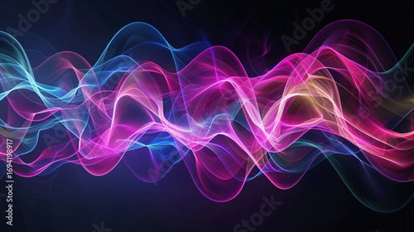 Fototapeta A mesmerizing digital artwork featuring vibrant neon waves of blue, pink, and purple light flowing across a dark background, symbolizing energy, motion, creativity, and the futuristic harmony of techn