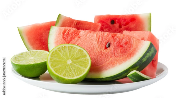 Obraz A plate of sliced watermelon with seeds and a halved lime on a white circular plate close up view