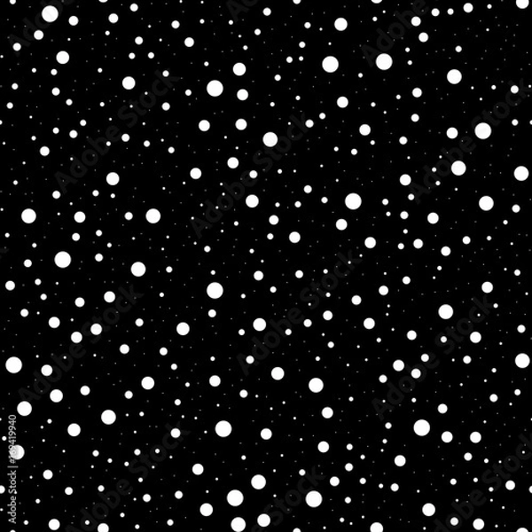 Obraz White polka dots seamless pattern on black background. Remarkable classic white polka dots textile pattern in restrained colours. Seamless scattered confetti fall chaotic decor. Vector illustration.