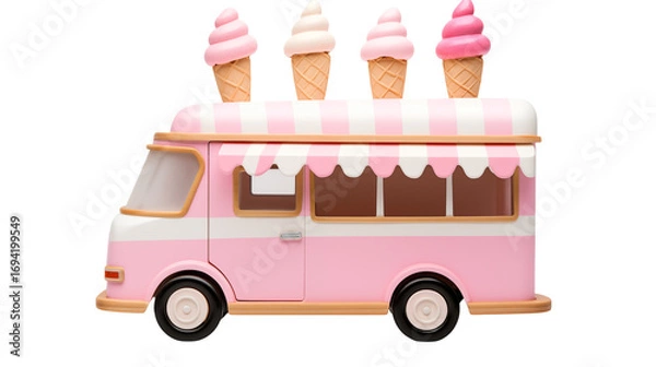 Obraz A pink and white toy ice cream truck with four ice cream cones on top against a black background