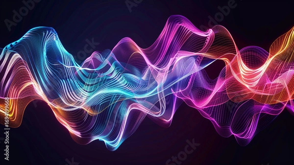 Fototapeta A mesmerizing digital artwork featuring vibrant neon waves of blue, pink, and purple light flowing across a dark background, symbolizing energy, motion, creativity, and the futuristic harmony of techn