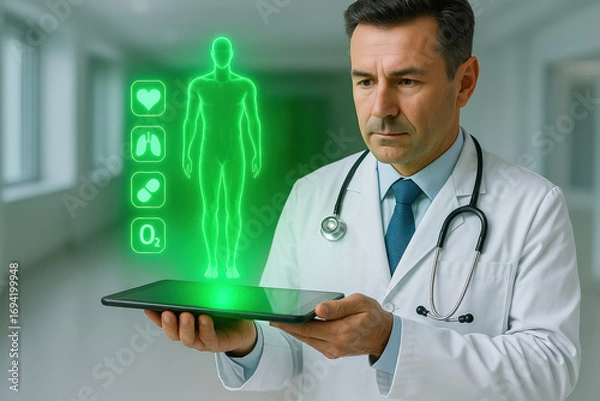 Obraz Middle-aged Caucasian male doctor in a white coat with a stethoscope holds a black tablet displaying a bright green hologram of a full human body in a modern hospital corridor, symbolizing advanced