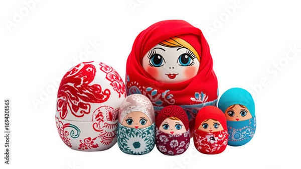 Obraz A collection of colorful matryoshka dolls with various patterns against a black background in a studio shot