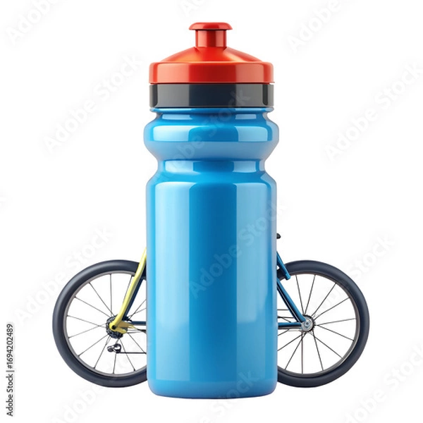 Fototapeta A blue cycling water bottle with a red cap, placed in front of a bicycle, isolated on a transparent background