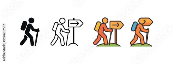 Fototapeta Vector icon hiking trail sign same pose same proportions four styles black solid glyph outline minimal flat multicolor filled cartoon flat shaded.