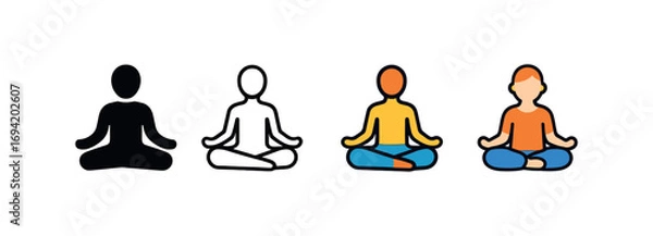 Fototapeta Vector icon yoga meditation pose same pose same proportions four styles black solid glyph outline minimal flat multicolor filled cartoon flat shaded.