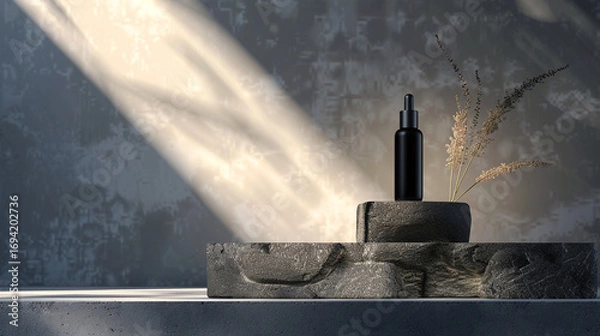 Fototapeta A sleek black dropper bottle stands elegantly on textured stone pedestals, illuminated by soft sunlight, symbolizing modern minimalism, luxury skincare, and the refined balance between simplicity, sop