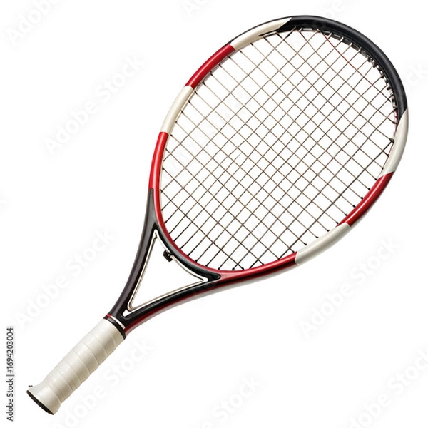 Fototapeta A sports tennis racket featuring red and black accents, isolated on a transparent background, ideal for active lifestyle and training