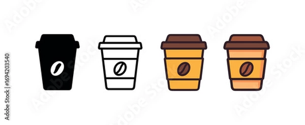 Fototapeta Vector icon coffee cup to same pose same proportions four styles black solid glyph outline minimal flat multicolor filled cartoon flat shaded.