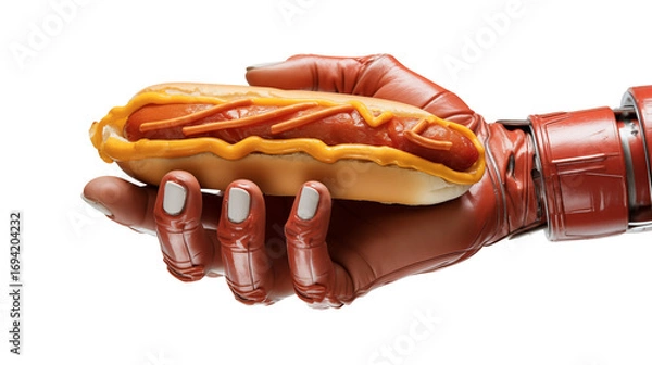 Obraz A robotic hand holding a hotdog with mustard against a black background in a studio setting