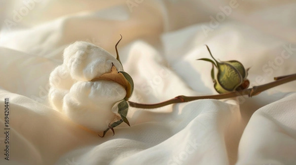 Fototapeta Soft cotton branch resting on smooth fabric with warm natural sunlight, symbolizing purity, comfort, and nature’s elegance, creating a cozy, minimal, and calming atmosphere perfect for organic lifesty